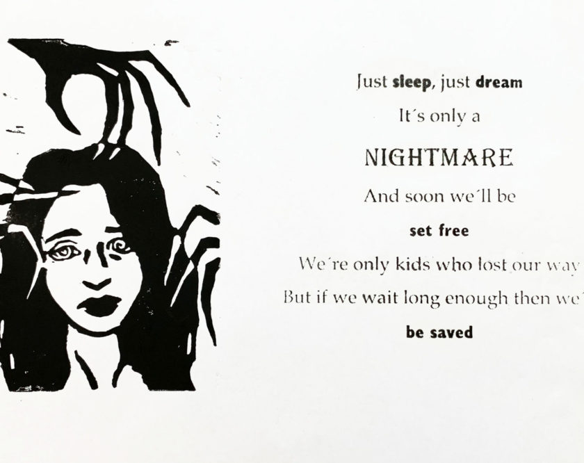 Aaliyah Winkler, 8B - Illustration eines Songs, Linolschnitt Aaliyah Winkler, 8B - Illustration eines Songs, Linolschnitt